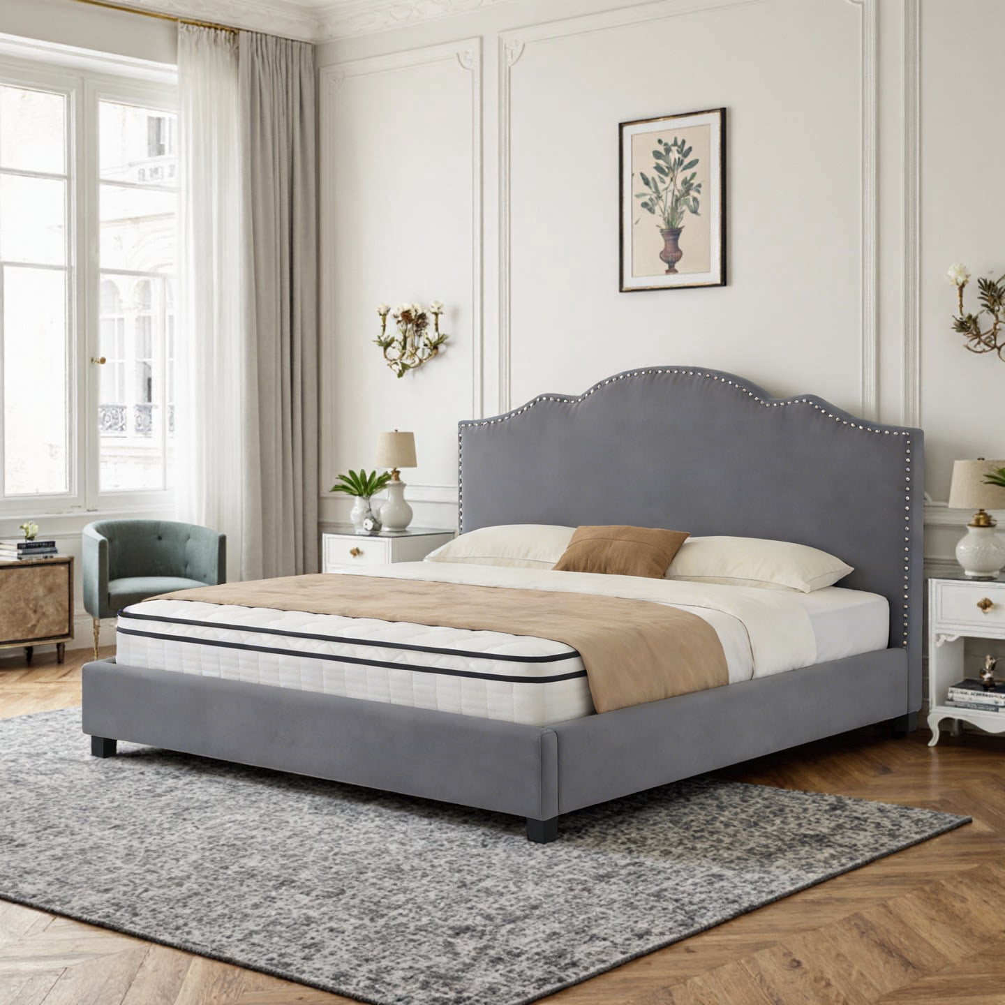 Gewnee King Bed Frame with 55"High Upholstered Headboard,Platform Bed Frame with Nail-Head Trim,No Box Spring Required,Modern Design for Bedroom,Dark Grey