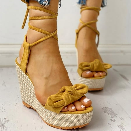 

Josdec Womens Shoes Clearance Solid Color Bowknot Bandage Comfy Sandals Slope Heeled Beach Shoes