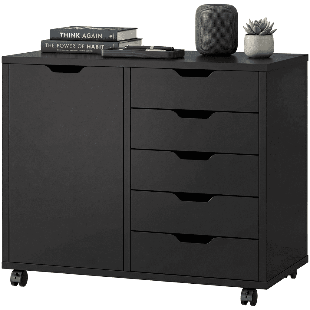 CONCETTA 5-Drawer Rolling File Cabinet on Wheels, Wood Printer Stand with Storage Drawers for Home Office, Black