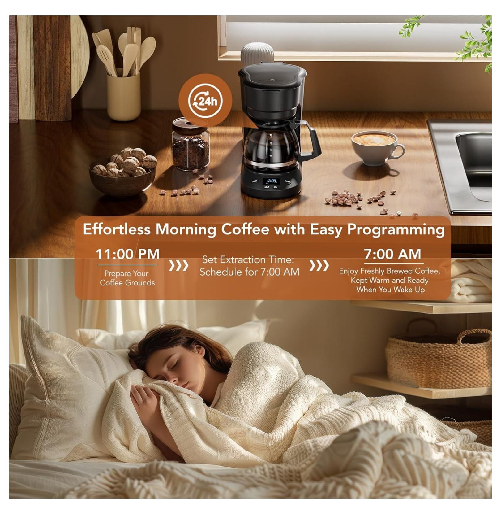Compact Coffee Maker 5 Cup, Drip Coffee Machine with Timer, Auto Shut Off, Pause & Brew, Reusable Filter, Black