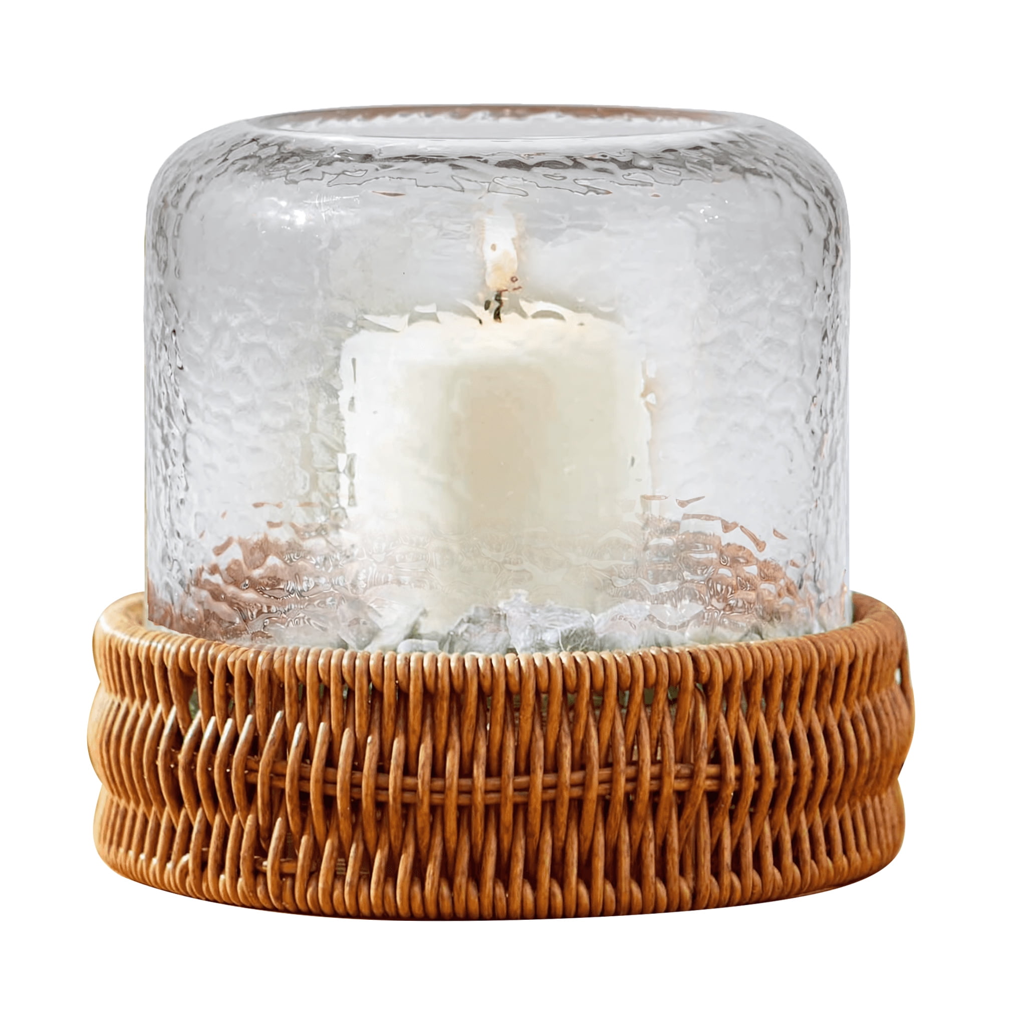 Better Homes & Gardens 7" Decorative Clear Hammered Glass Hurricane Pillar Candle Holder with Brown Woven Base