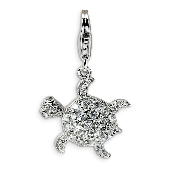 Sterling Silver Cubic Zirconia Sea Turtle With Lobster Clasp Charm - Measures 26x16mm