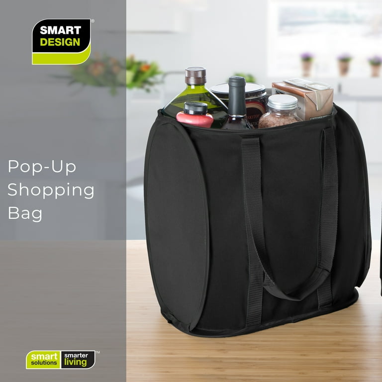 Smart Design Pop Up Shopping Bag - Reusable - Large - Heavy Duty Polyester  - Folds Flat - Supermarket, Trunk Storage - Home Organization - 15 x 10