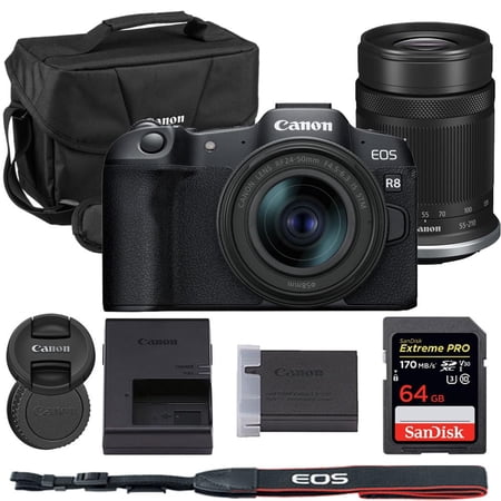 Canon EOS R8 Mirrorless Camera with 24-50mm & 55-210mm Lens Bundle with Canon 200ES EOS Shoulder Bag + 64GB Extreme PRO Memory Card