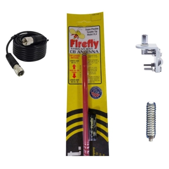 CB RADIO FIRESTIK FL4 R RED 4FT CB ANTENNA, 9FT COAX, SPRING, BRACKET & STUD