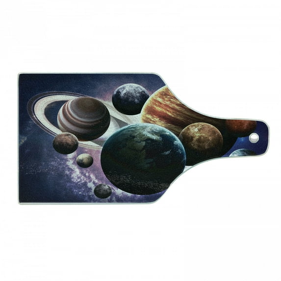 Space Cutting Board, Solar System Planets All Together in Space Mercury Jupiter Globe Saturn Universe, Decorative Tempered Glass Cutting and Serving Board, Wine Bottle Shape, Multicolor, by Ambesonne