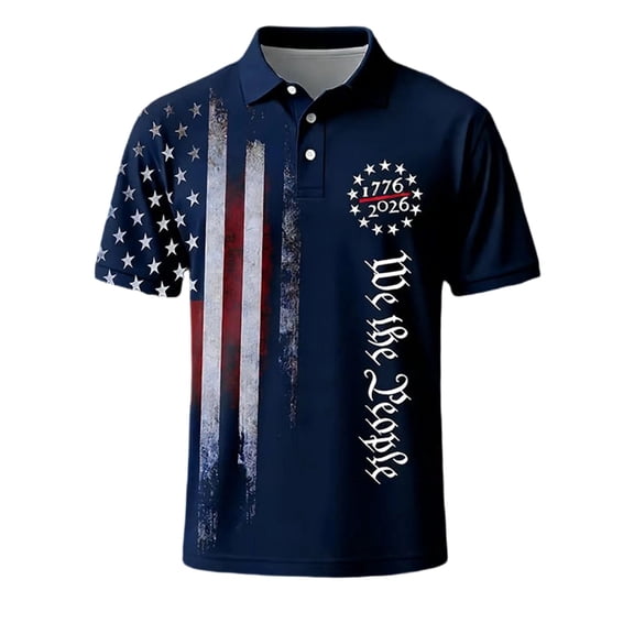 MuXiKeJi Clothes Men's 250Th Anniversary National Flag Print Casual Waffle Fabric Polo Shirt Cross Patriotic Tee