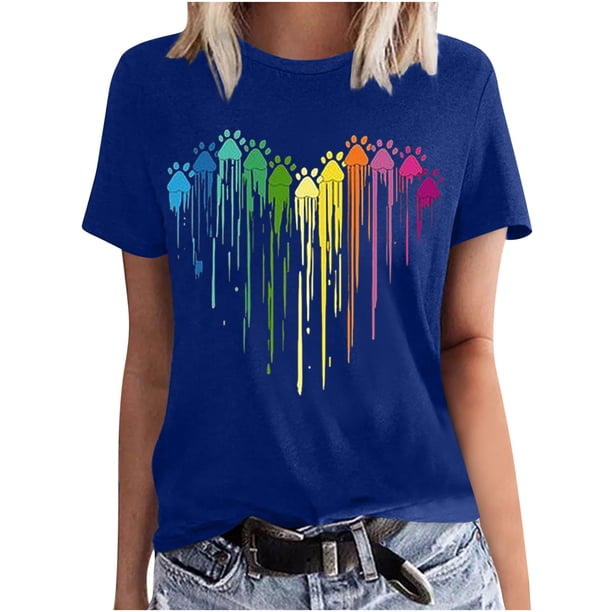 Camisetas de Manga Corta para las Mujeres Impresas Cuello Redondo Casual Camiseta, 95% Poliéster 5% Spandex Vintage Ligero Top para Diario, Fiesta Y Primavera