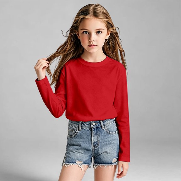 CAIVO Girls Shirts Long Sleeve Mesh Tee Casual Solid Color Tops Lightweight Breathable Summer Shirt Activewear Kids Blouses For Child , Red