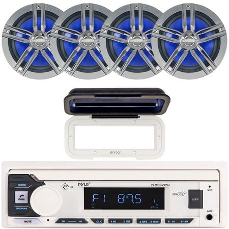 Pyle PLMRB29W2 Single DIN Marine Bluetooth USB/AUX MP3 Player AM/FM Radio In-Dash Stereo White Receiver w/White Radio Shield Cover 4x 6.5 180 Watt Max 2-Way High-Performance Boat Charcoal Speakers
