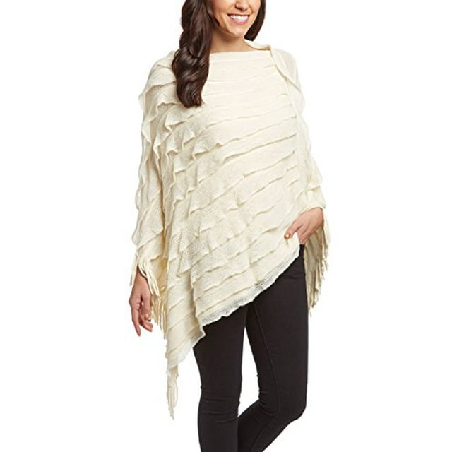 Peach Couture Femme Trendy Ruffle Batwing Fringe Châle Wrap Poncho Cape Cardigans Pull Crème
