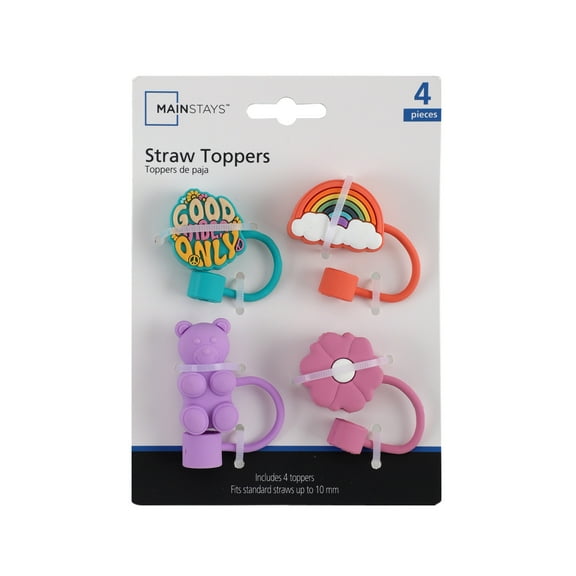 Mainstays 4-Piece Straw Topper Set – Bear, Daisy, Rainbow & Good Vibes