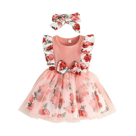 

Rovga Toddler Girl Dress Clothes Sleeveless Floral Prints Tulle Ribbed Princess Dresss Clothes
