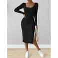 thumbnail image 6 of Women'S Autumn Dress 2 Long Sleeve Square Neck Knit Midi Beach Resort Dress Slit Slim Maxi Dress Black XL, 6 of 7