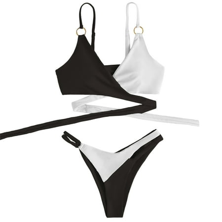 Womens Swimsuits Padded Push Up Gathering Bra Color Block Bikini Set Beachwear Black Women s Swimwear L