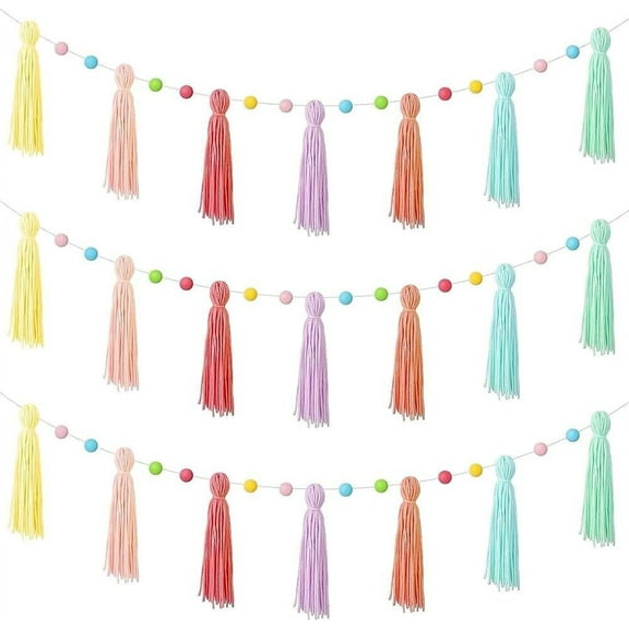 Rainbow Boho Yarn Tassel Garland Retro Party Tassel Banner Bunting Streamer Colorful Wall Hanging Tassels Banner Wool Felt Ball Tassel Garland Banner for Party Festivals Home Dorm Decor Mixed Color
