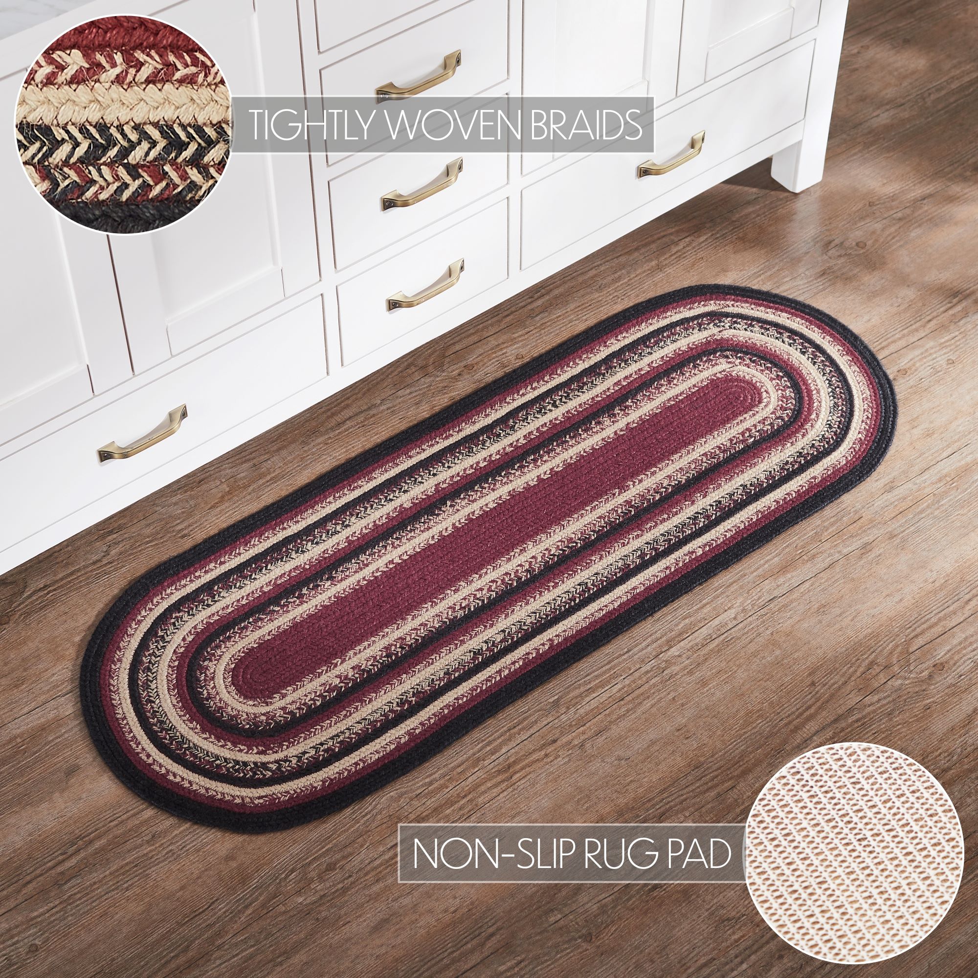 VHC Brands Jute Rug 17x48 w/Pad, Jute Area Rug, Accent Rug, Floor Decor, Braided, Connell Collection, Oval 17x48, Country Black