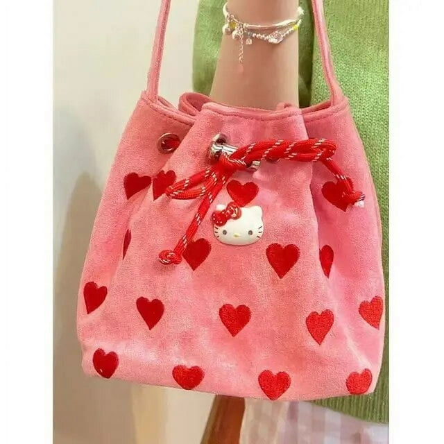 Sanrio Hello Kitty Cartoon Embroidered Love Drawstring Pink Handbag Shoulder Crossbody Bag Mini Bucket Bag Student School Bag