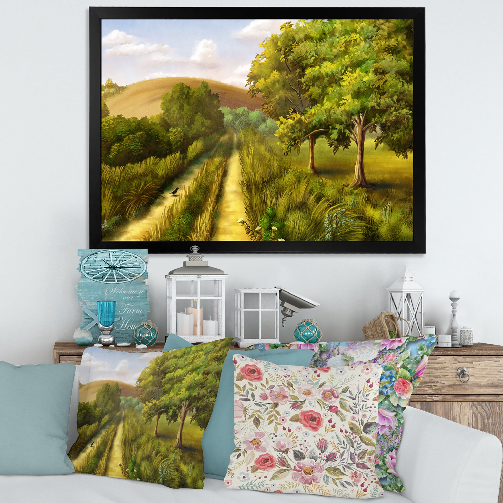 Vital Country Road During Summer 32 in x 24 in Framed Painting Canvas Art Print, by Designart