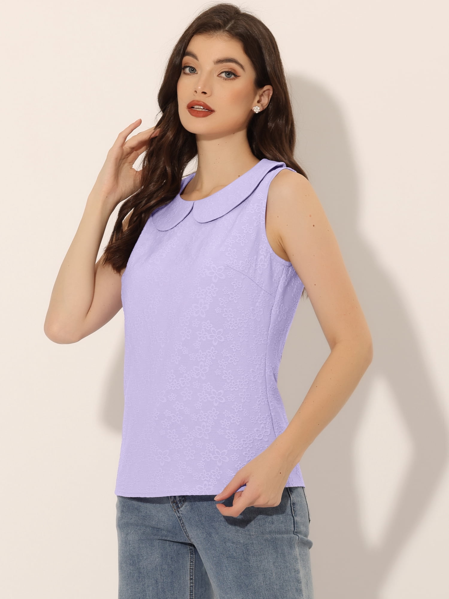 DARING DIVA Blouse Sleeveless Jacquard Floral Tank Top S Light Purple