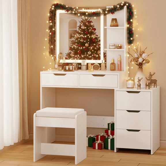 Aiho 43.5” Makeup Vanity Desk with Lighted Mirror, 5 Drawers & Adjustable Lights, White Dressing Table for Bedroom