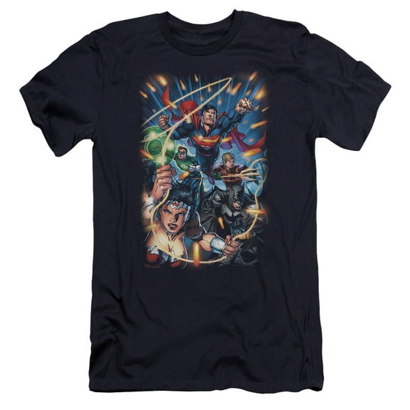 JLA Justice League Under Attack Premium Canvas Adult Slim Fit 30/1 T-Shirt Navy