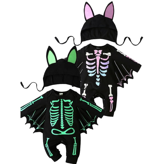 WIBACKER 3M-24M Infant Baby Boy Halloween Dress Up Clothes Bat Wings Romper with Cap Newborn Skeleton Costumes