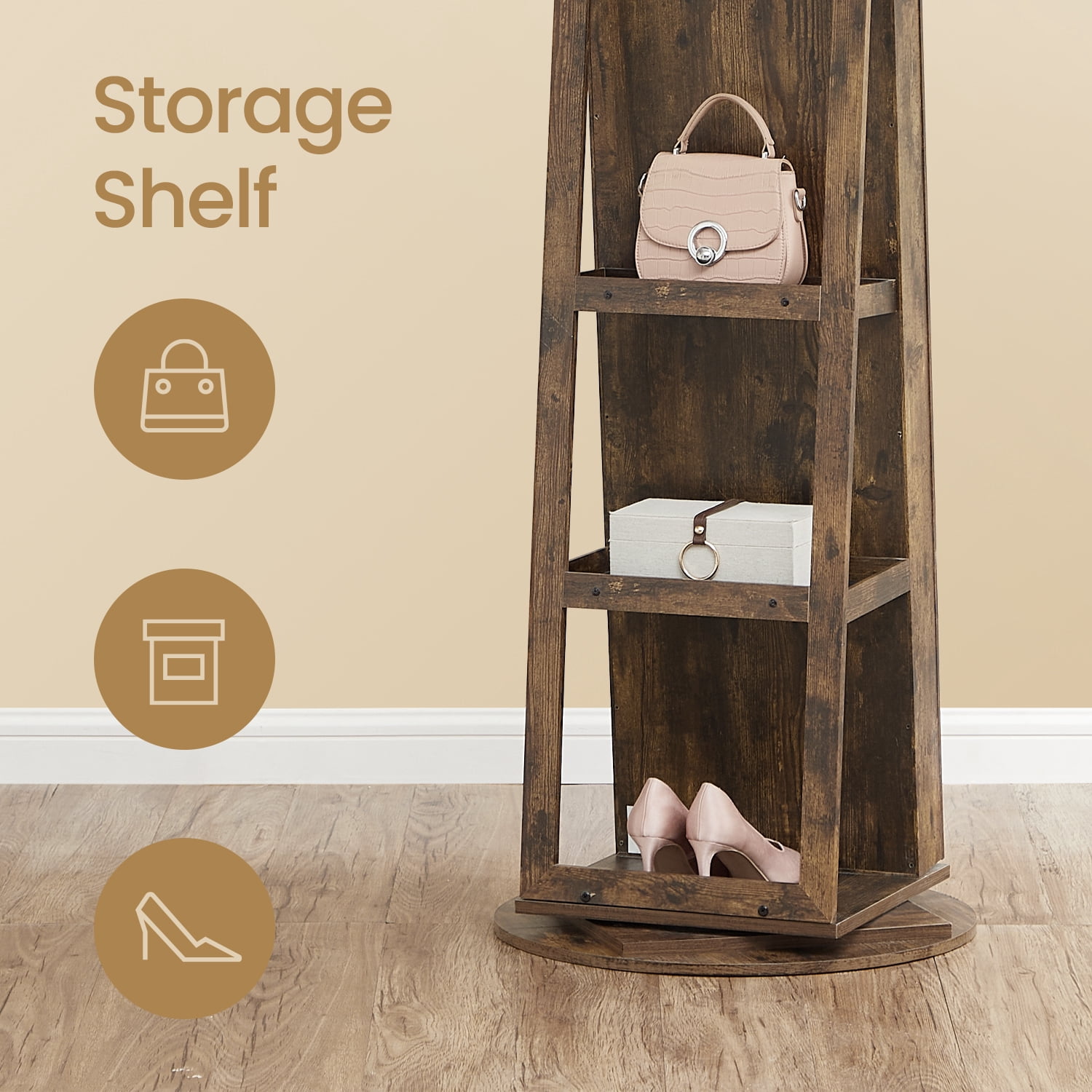 LEDREM 360° Rotable Jewelry Cabinet, Full Length Mirror & Lock, 120 Earring Slots, 12 Necklace Hooks, Storage Shelfs On Back