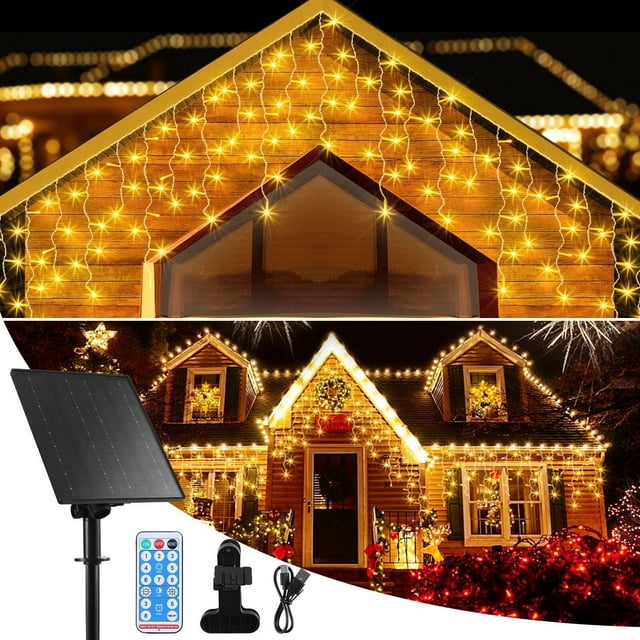 Cascada de Luces Navideñas Energía Solar & USB-C, 10M 400 LEDs Navidad Exterior 8 Modos Temporizador Remoto Impermeable, para Navidad Decoración, Bodas, Fiestas, Habitación, Balcones, Jardin