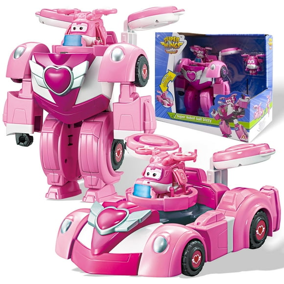 Super Wings Transformer Toys, 7"" Super Robot and 2"" Mini Dizzy Transforming Suit, 2 in 1 Racing Car-Robot Action Figure for Boys and Girls Age 3+, Gifts for Preschool Kids, Pink