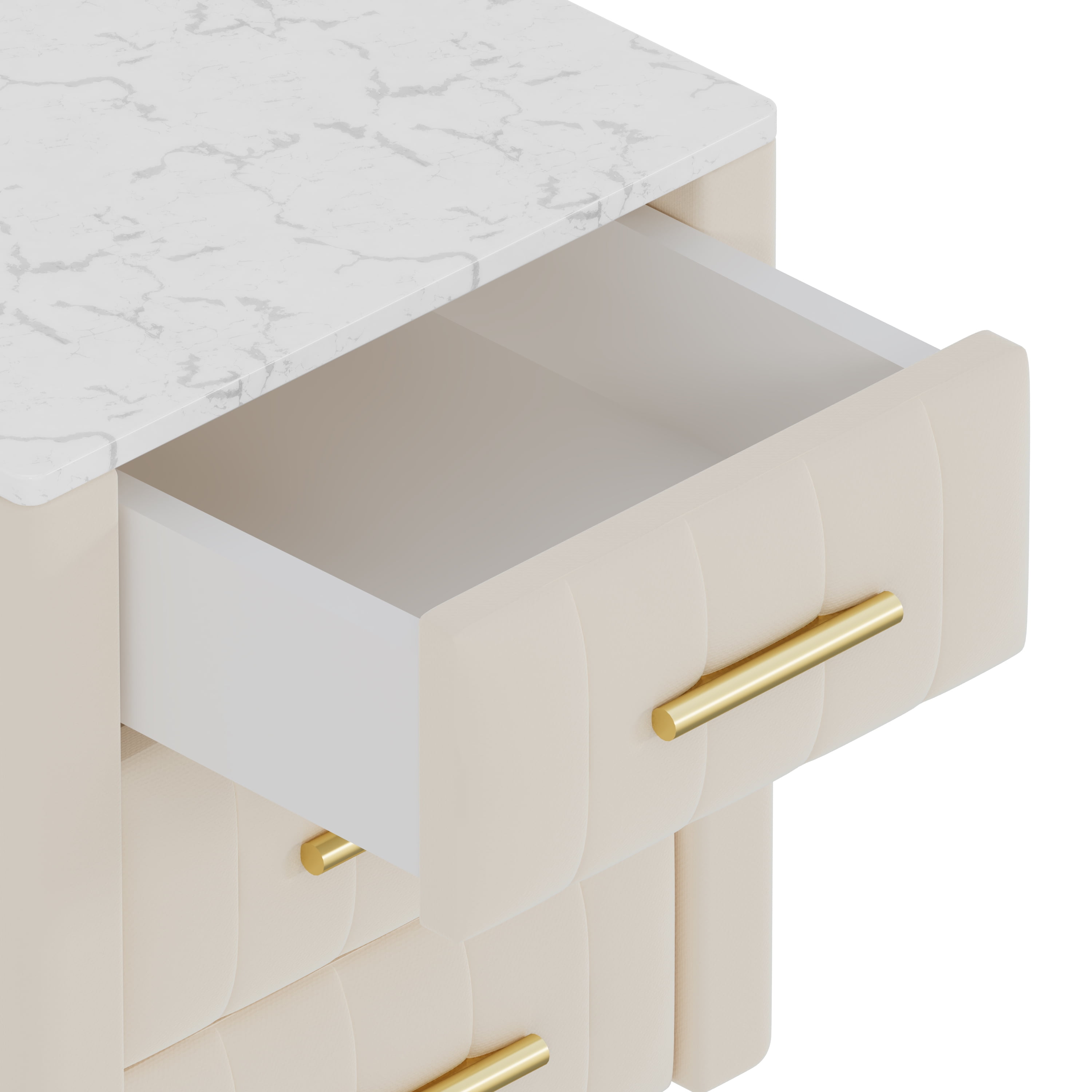 Velvet Upholstered Nightstand with 3 Drawers, Marble Effect Tabletop, Metal Legs & Handles, Plywood Bedside End Table for Bedroom Living Room Nursery, 16.3"×16.3"×21.8"