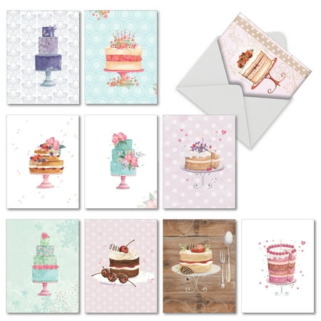 M2984BDG WATERCOLOR CAKE ' 10 Assorted Birthday Note Cards Featuring Watercolor Painted Images of Beautiful Celebration Cakes, with Envelopes by The Best Card
