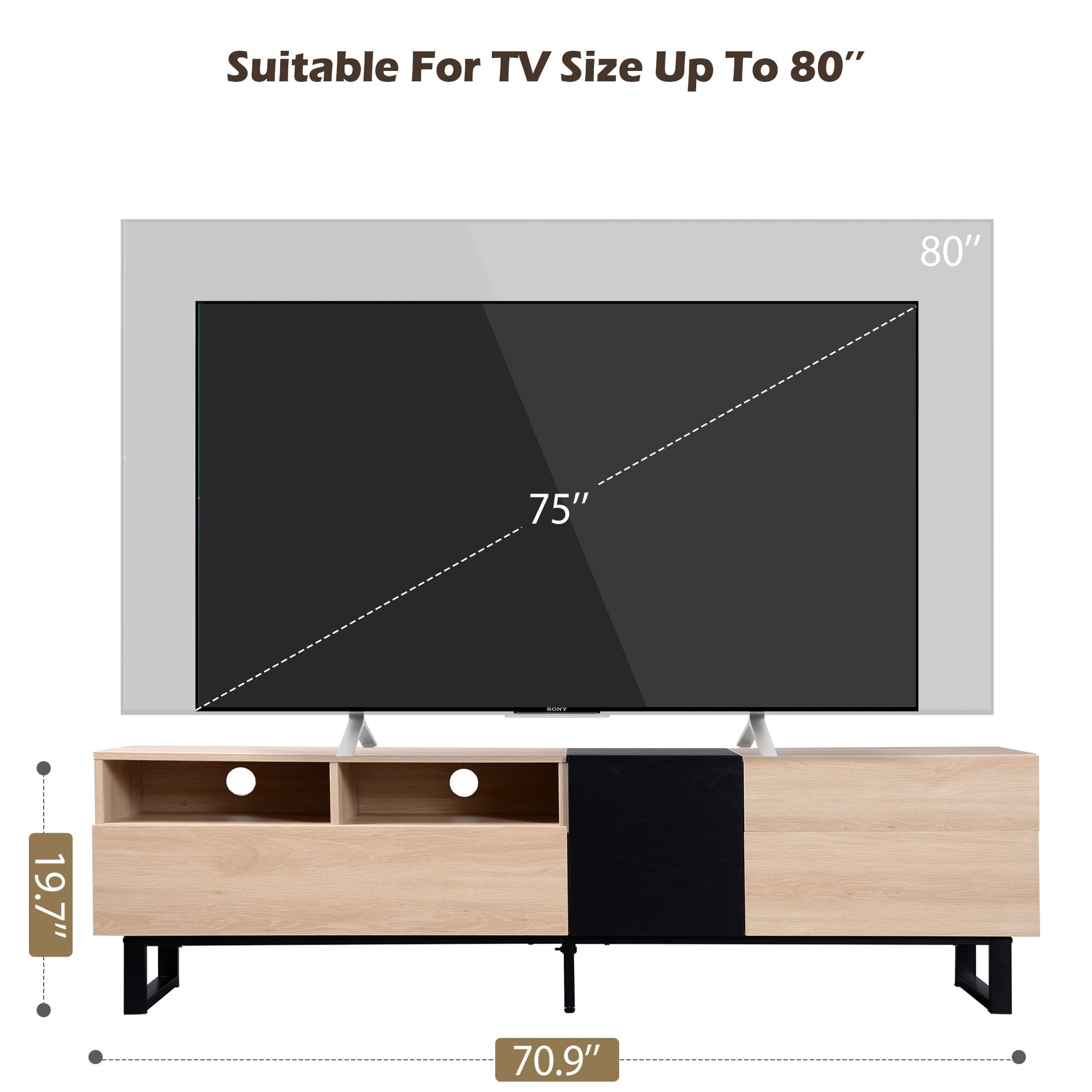 PORKISS TV Stand for 80 Inch TV, Entertainment Center with Storage Shelves, Media Console with Metal Legs for Living Room, Natural Wood + Black