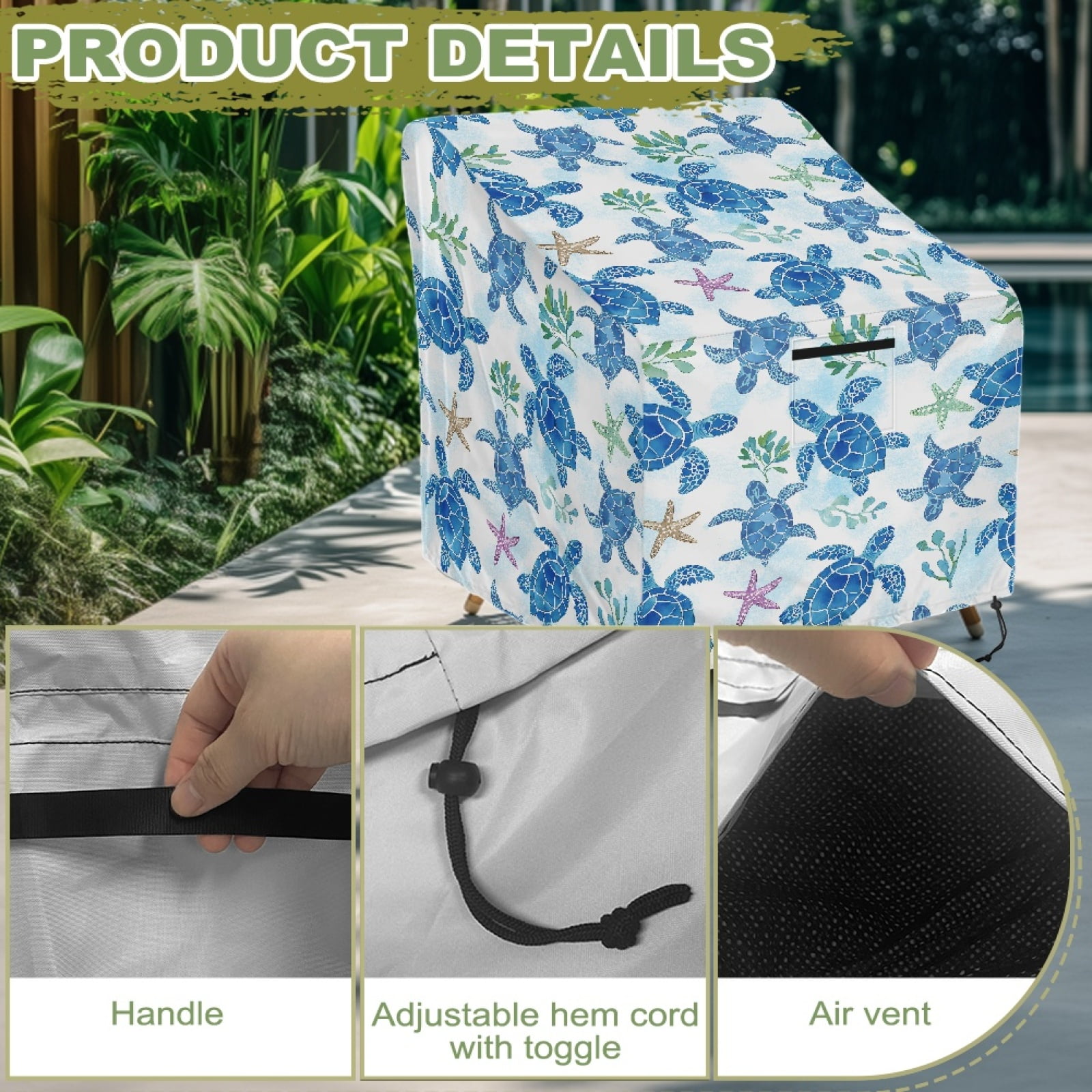 Renewold Outdoor Patio Chair Covers Dust Proof Water Resistant Swivel Lounge Chair Covers for 4-6 Stackable Dining Chairs Fits up to 29"W x 33"D x 36"H, Sea Turtle Starfish Blue
