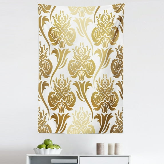 Damask Tapestry, Ombre Abstract Image Floral East Inspired Details Print, Fabric Wall Hanging Decor for Bedroom Living Room Dorm, 5 Sizes, Caramel and Pale Yellow, by Ambesonne