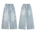 thumbnail image 5 of SonxaHe Little Girl Jeans High Waist Bow Prints Straight Leg Denim Pants Child Lightweight Streetwear Loose Jeans Blue,Sized 5-6, 5 of 7
