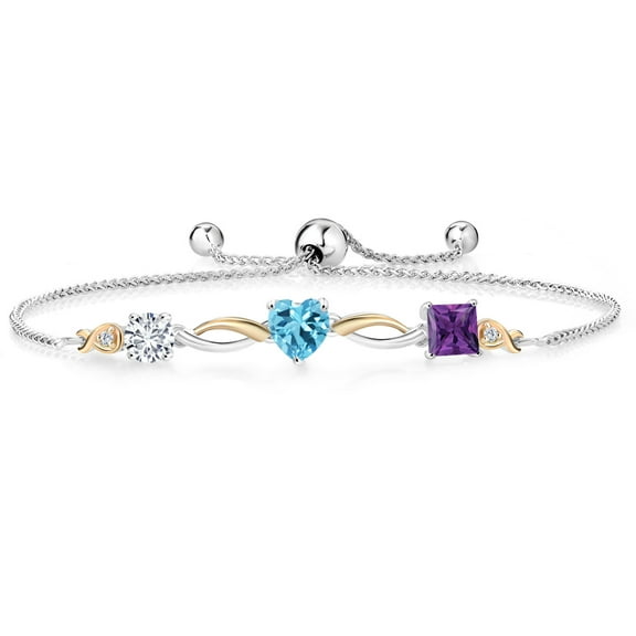 Gem Stone King Keren Hanan 2.10 Ct E-F Lab Grown Diamond Swiss Blue Topaz 925 Silver and 10K Yellow Gold Bracelet for Women