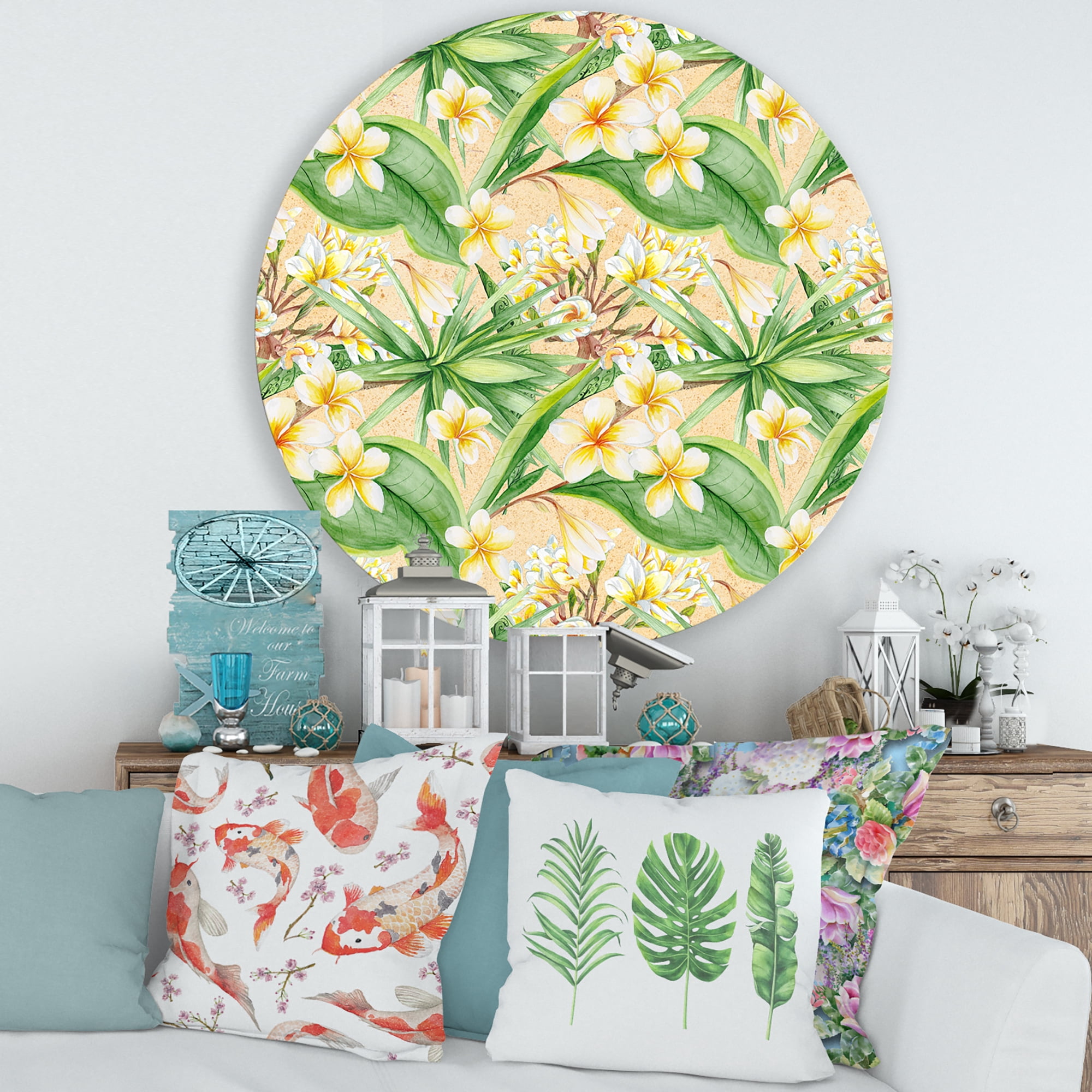 Designart 'Yellow Flowers and Tropical Foliage XIII' Modern Circle Metal Wall Art 29x29 - Disc of 29