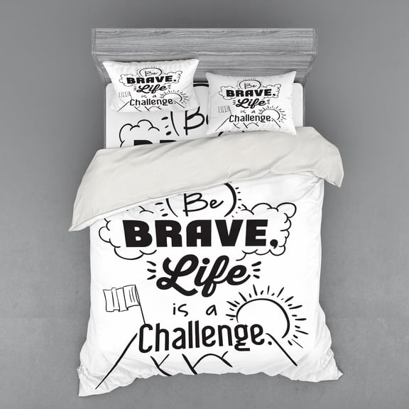 Ambesonne Saying Bedding Set 4 Pcs, Be Brave Themed Slogan, Queen, Black White