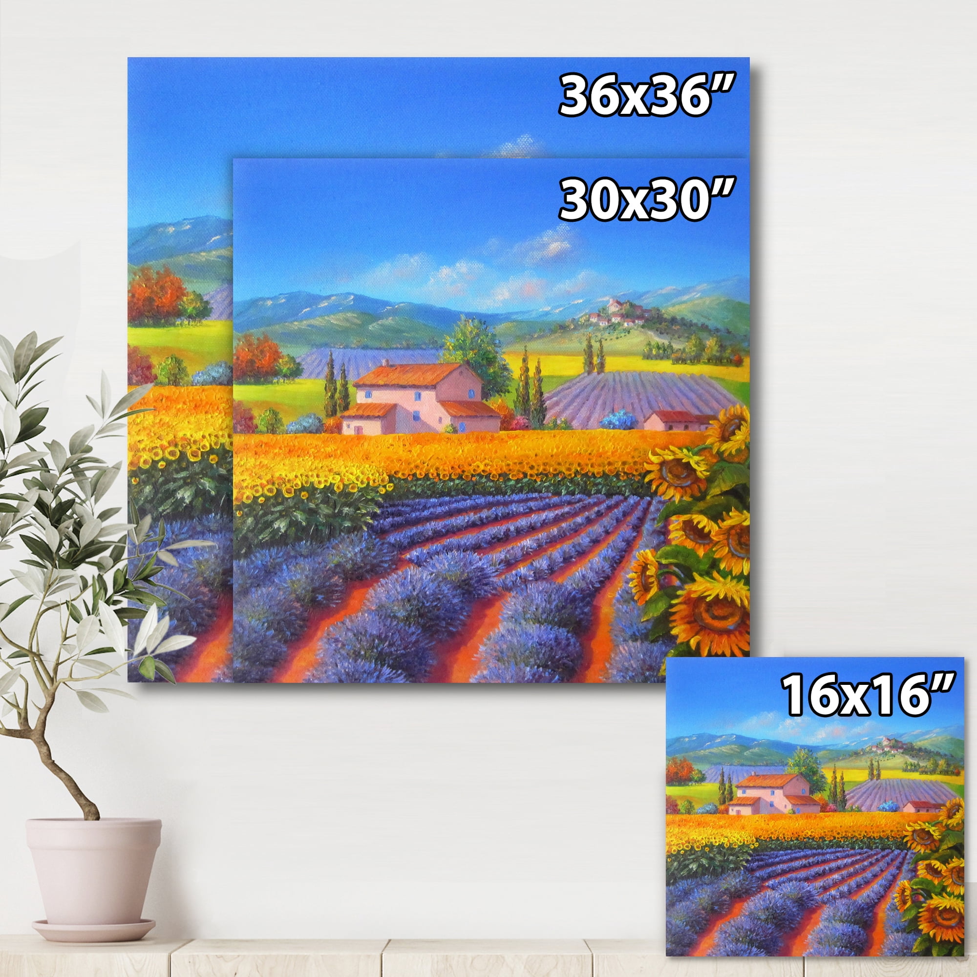 Designart ' Sunflower and Lavender Fields ' Traditional Canvas Wall Art Print