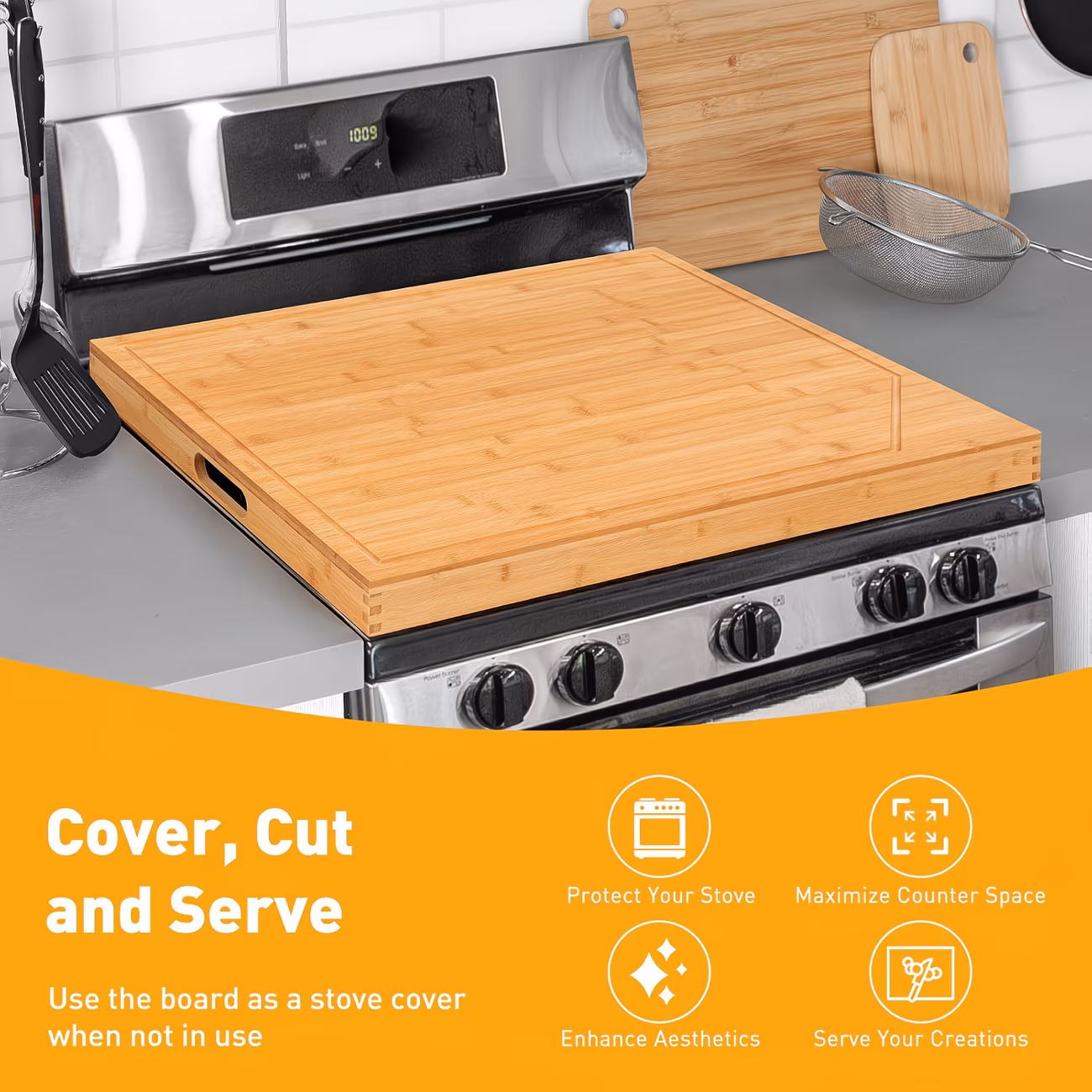 Bamboo Stove Top Cover – Noodle Board for Gas & Electric Stovetop – Extra Counter Space Board with Handle Grooves – Multipurpose Sink Cover & Light Cutting Board