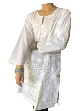 Mogul Women Tunic Dress White Floral Hand Embroidered Cotton Summer Kurti L