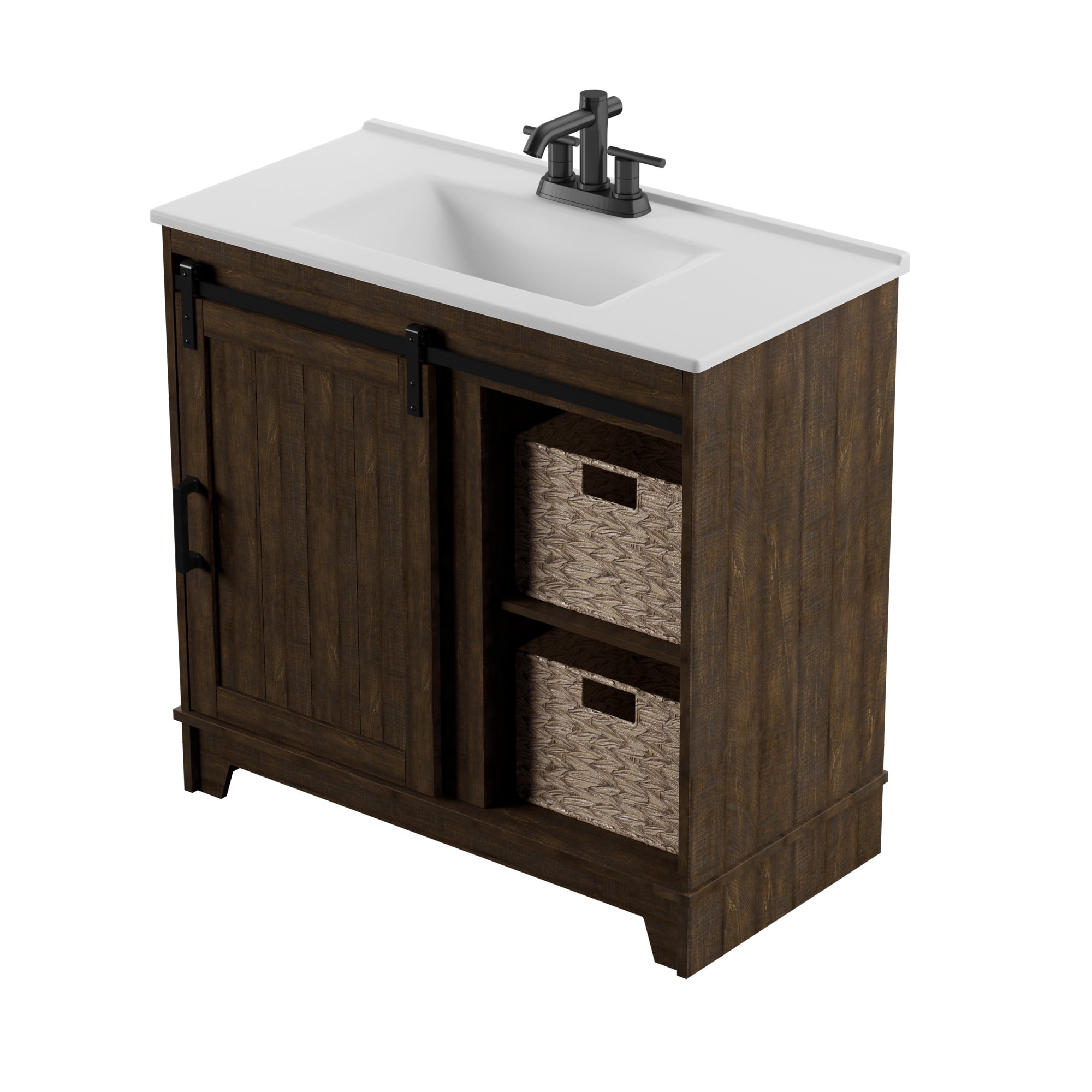 Twin Star Home 36" Sliding Barn Door Single Bathroom Vanity with Woven Baskets