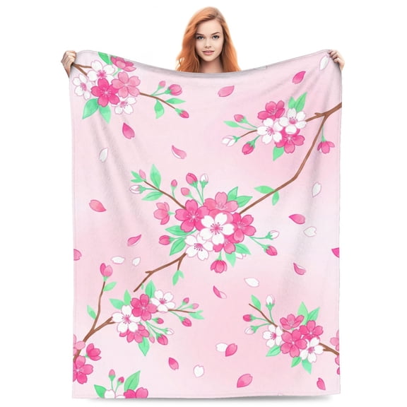 Cherry Blossom Blanket, Pink Floral Spring Throw, Gifts For Women & Nature Flower Lovers, Lightweight Flannel For Sofa Couch Bed Room Modern Decor 50x40