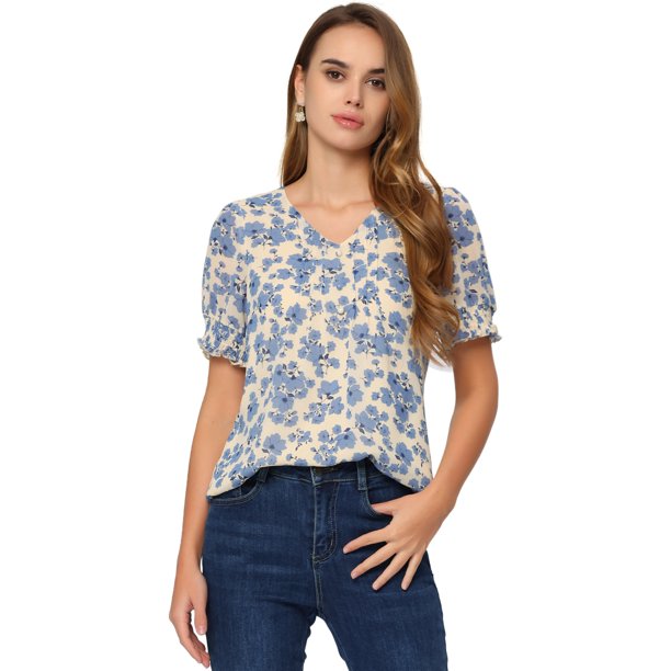 Blusa Informal Floral Allegra K Manga Corta Abullonada Cuello en V Azul Claro L