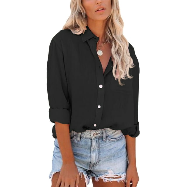 Innerwin Shirts Button Down Women Tops Work Long Sleeve Loose Blouse Black M