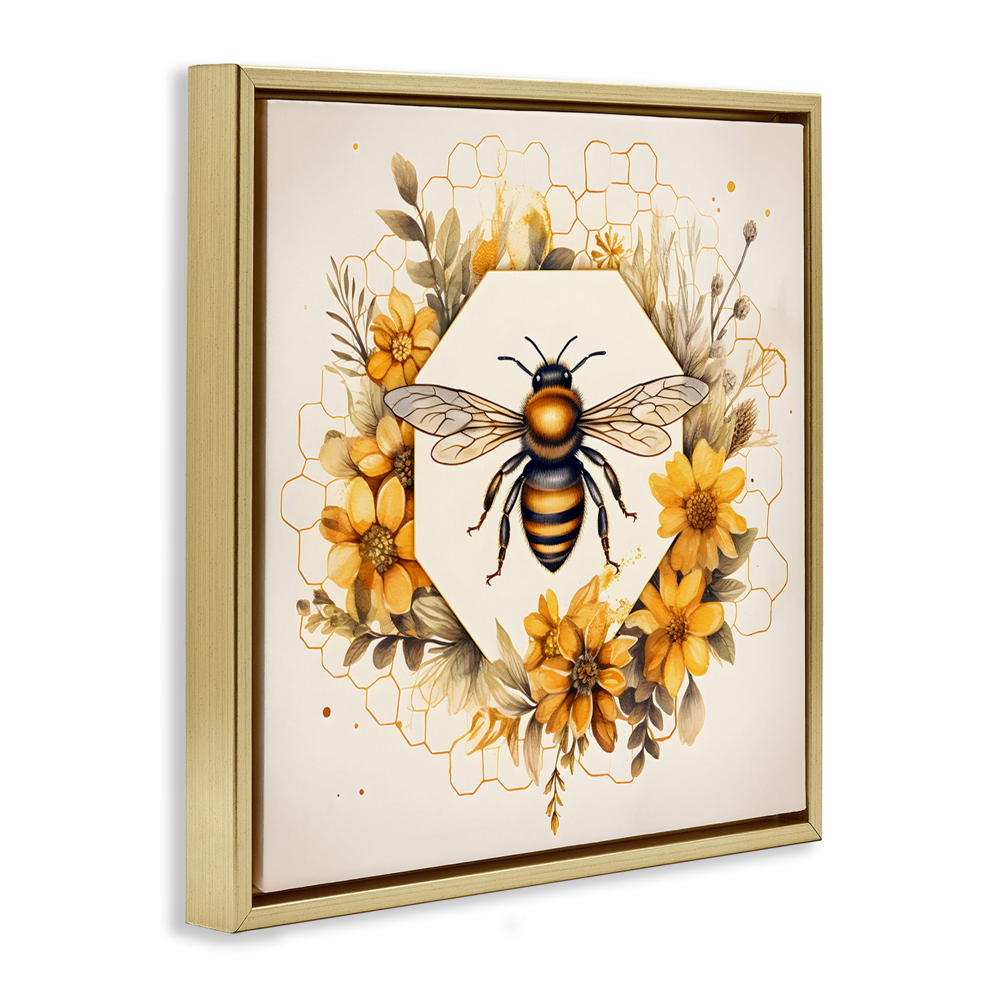Stupell Industries Hexagon Bee Wreath Animals & Insects Painting Gold Floater Framed Canvas Art Print Wall Art, 18 x 18