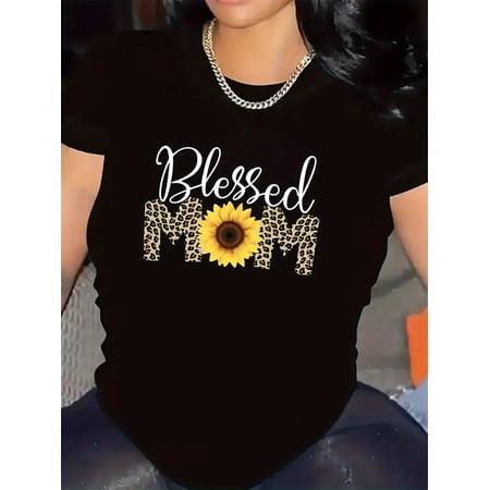 Women's Leopard Sunflower Blessed Mom Graphic T-Shirt