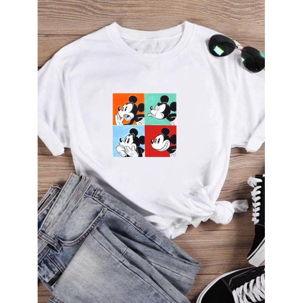 Disney Cartoon Clothing Casual Tee Shirt Mickey Mouse Women Holiday Summer Short Sleeve Print Fashion Graphic T-shirtsM Gao Jinjia LED