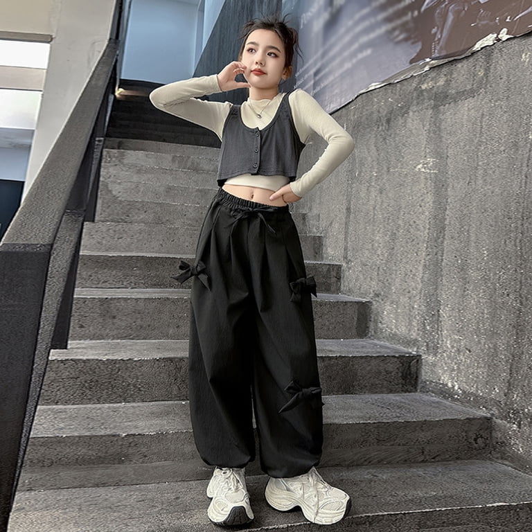 FYDUU Girls Cargo Pants Cute Bow Harem Pants Loose Fit Streetwear Parachute Pants Kids Autumn Fashion Comfortable Casual Trousers Cute Kids Clothes
